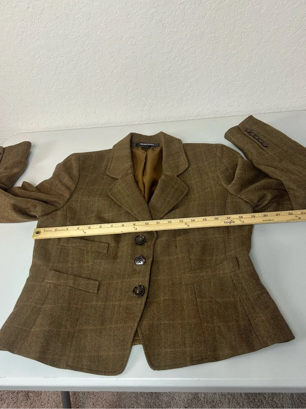 Ellen Tracy Classic 100% Wool Structured Silhouette Brown Plaid Blazer Size 10